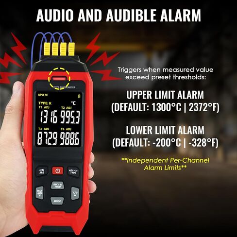 Digital Dual-Channel K/J Type Thermocouple Thermometer with 4 K-Type Probes, Accurate Temperature Range from -328 to 2501°F, HVAC Temperature Meter with Alarm and Adjustable Compensation in Saudi Arabia