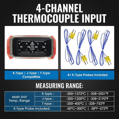 Digital Dual-Channel K/J Type Thermocouple Thermometer with 4 K-Type Probes, Accurate Temperature Range from -328 to 2501°F, HVAC Temperature Meter with Alarm and Adjustable Compensation in Saudi Arabia
