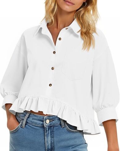 Cicy Bell Womens Cropped Button Down Shirts 3/4 Length Sleeve Casual Cotton Blouses Loose Fit Ruffle Hem Tops in Saudi Arabia