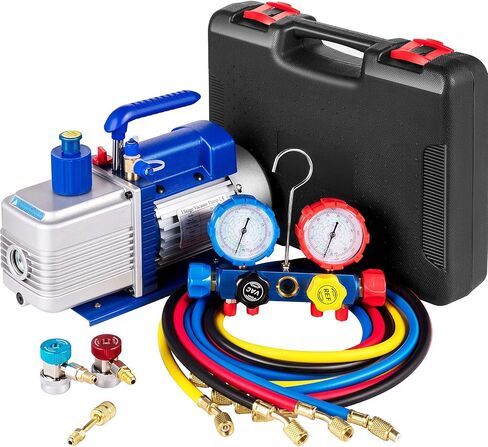 VEVOR Vacuum Pump 4.8CFM 1/4 HP Single Stage HVAC A/C Refrigeration Kit 5PA Ultimate Vacuum Manifold Gauge Set R12 R404A R410A R134A R22 HVAC AC, Manifold Gauge and Hose for Air Conditioning Systems in Kuwait