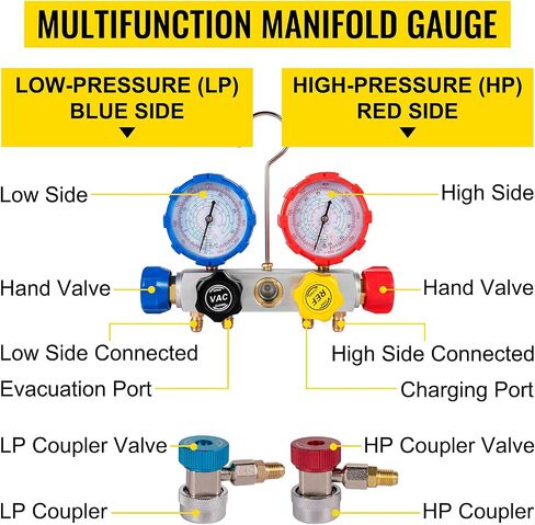 VEVOR Vacuum Pump 4.8CFM 1/4 HP Single Stage HVAC A/C Refrigeration Kit 5PA Ultimate Vacuum Manifold Gauge Set R12 R404A R410A R134A R22 HVAC AC, Manifold Gauge and Hose for Air Conditioning Systems in Kuwait