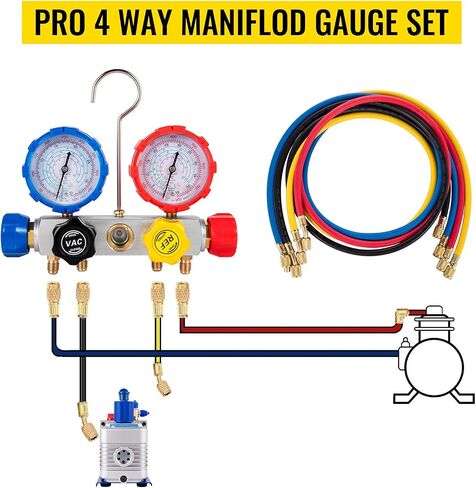 VEVOR Vacuum Pump 4.8CFM 1/4 HP Single Stage HVAC A/C Refrigeration Kit 5PA Ultimate Vacuum Manifold Gauge Set R12 R404A R410A R134A R22 HVAC AC, Manifold Gauge and Hose for Air Conditioning Systems in Kuwait