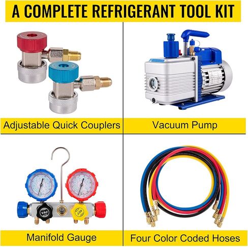 VEVOR Vacuum Pump 4.8CFM 1/4 HP Single Stage HVAC A/C Refrigeration Kit 5PA Ultimate Vacuum Manifold Gauge Set R12 R404A R410A R134A R22 HVAC AC, Manifold Gauge and Hose for Air Conditioning Systems in Kuwait