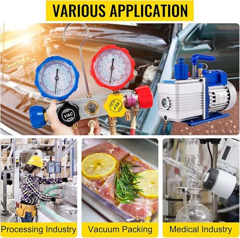 VEVOR Vacuum Pump 4.8CFM 1/4 HP Single Stage HVAC A/C Refrigeration Kit 5PA Ultimate Vacuum Manifold Gauge Set R12 R404A R410A R134A R22 HVAC AC, Manifold Gauge and Hose for Air Conditioning Systems in Kuwait