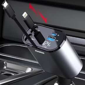 Retractable Car Charger with Dual Lightning Retractable Charging Cables and 2 USB Ports, 4 in 1 Fast Car Phone Charger with Voltage Display for iPhone 15/14/13/12 Pro Max,iPad,Samsung