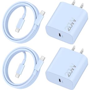 20W Fast Charger for iPhone 15/15 Pro/15 Pro Max, iPad Pro 12.9/11 inch, iPad 10/Mini 6, iPad Air 5/4th, AirPods, 2Pack USB C Wall Charger Fast Charging Block with 60W/3A 3FT USB C to C Cable (Blue)