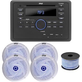 Pyle PLRVSD300 Single Din Bluetooth RCA/HDMI/MP3 DVD Stereo Amplifier Receiver w/Remote, 2 Pair (Qty 4) Pyle PLMRS83WL 8" 300 Watt Peak Power Marine Blue Light LED Speakers (White) with Speaker Wire