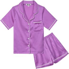 Jxstar Girls Boys Satin Pajamas Sets Kids Silk Button-Down PJS Summer Lounge Sets Sleepwear