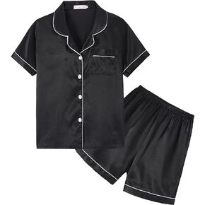 Unisex Kids Boys and Girls Pajama Sets Summer Short Sleeve With Shorts Sleepwear Silky Button Down Loungewear