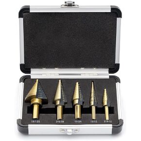 Step Drill Bit, 5PCS HSS Titanium Step Drill Bit Set, 50 Sizes (1/8" to 1-3/8"), SAE Titanium High Speed Steel Unibit, Step Drill Bit for Metal