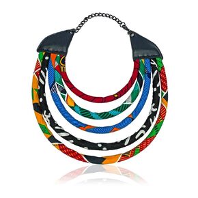 Vibrant Kente Print Necklace | Black, Blue, White, Yellow and Fiery Red Collar Jewelry | Fabric Necklace | Cloth & Cord