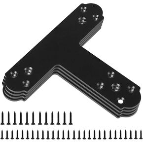 Black T Bracket, 6 pcs T Post Brackets Pergola Post to Beam Connectors 4mm Thickness for Wood, Steel Repair Fixing Mending T Plate Bracket Flat Connector with Screws