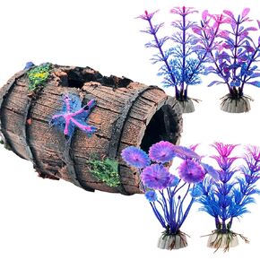 Faeshoo Fish Tank Decoration Betta Fish Tank Decorations Accessories for Aquarium Tank, Starfish Barrel x 1pc, Aquatic Plants x 4pcs