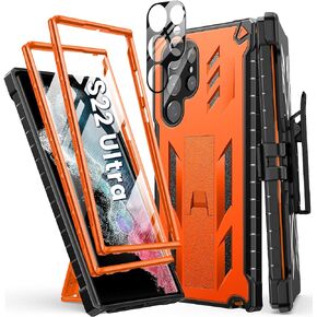 FNTCASE for Samsung Galaxy S22 Ultra Case: Built-in Screen Protector & Kickstand & Belt-Clip Holster, Extra Front Frame Full-Body Dual Layer Rugged Shockproof Protective Phone Cover-Jade Green