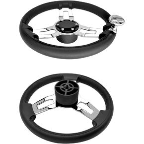 Stainless Steel Steering Wheel,13.5'' Anti-Slip PU Foam Cover Steering Wheel with Power Grip Knob, Marine Steering System with Aluminum Mounting Base for Boats, Yachts, Pontoon Boats and More