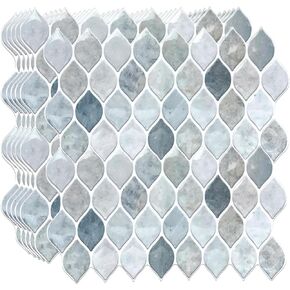 20 Sheets Glossy Peel and Stick Kitchen Backsplash Thicker Design Tile Stickers Self Adhesive Stick on Subway Tile 12" x 6" Bathroom Splashback Water Heat Resistant 3D Wall Tiles Leaf Gray