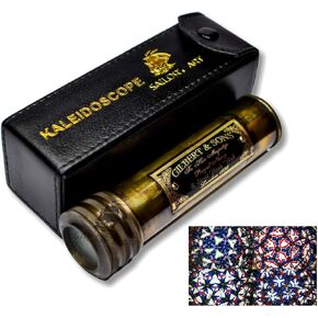 Polished Brass Kaleidoscope with Handheld Stick & Wooden Box, Educational Vintage Collection, Antique Birthday Gift Kaleidoscope, Solid Brass 5.5 Inch Kaleidoscope for Adults & Friends