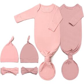 2Pk Newborn Baby Knotted Gown, Ultra-Soft Infant Sleeper with Hat, Bowknot and Pacifier Clip (2 Packs)