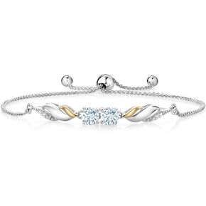 Gem Stone King 925 Sterling Silver and 10K Yellow Gold Sky Blue Aquamarine and White Lab Grown Diamond Tennis Bracelet For Women | 1.02 Cttw | Round 5MM | Fully Adjustable Up to 9 Inch