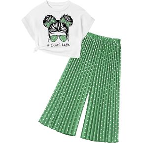 Girls Clothes Crop Tops Pleated Wide Leg Pants 2Pcs Spring Summer T-shirt Outfit