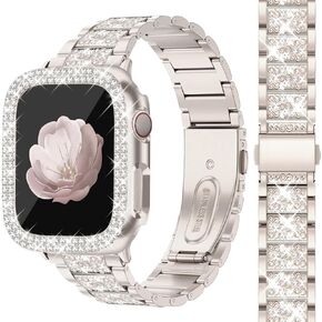 Bling Band with Bling Case for Women Compatible with Apple Watch 38mm Elegant Dressy Jewelry Replacement Metal Link Wristband Protector Cover for iWatch Series 9/8/7/6/5/4/3/2/1/SE Silver