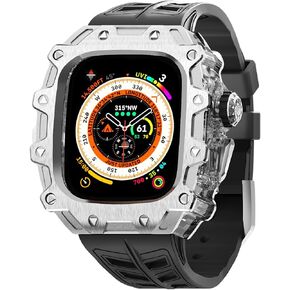 Luxury Metal Case with Fluoroelastomer Band Compatible for Apple Watch Ultra 2/Ultra 49mm Titanium, Rugged Military Protective Designer Cover, Heavy Duty Tactical Protection for Men iWatch