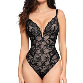 Popilush The Shapewear Bodysuit Lace Corset Tops Deep V Neck Backless Thong Body Suits Tummy Control Tank Tops