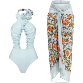 Women's Floral Bathing Suit with Sarong Cover up Wrap Skirt One Piece Swimsuit Swimwear Summer Beach Outfit Set