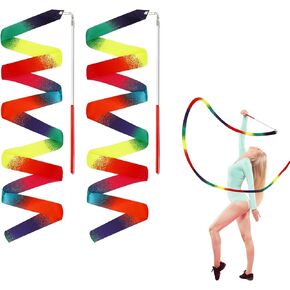 2PCS Dance Ribbons, 78.7 Inch Rhythmic Gymnastics Ribbon, Colorful Dance Ribbon with Dancer Wand, Rainbow Dancing Ribbon Streamers for Kids Adults Artistic Dancing Training Party Favor