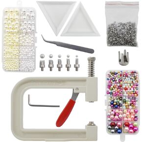 Pearl Setting Tools Hand Press Machine with Colorful Pearl Beads, Rivet Studs and Tweezers, for Decorating Clothes, Dresses, Bag, Hair Band or DIY Crafts