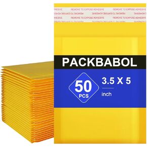 packbabol Kraft bubble mailers 3.5x5 Inch 50 Pack,Self-Sealing Paper Envelopes for Packaging,Strong Adhesion Envelope Mailers, Small Waterproof Cushioned Padded Shipping Bags Yellow #0000