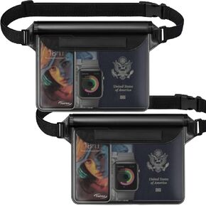 Hatisan Waterproof Pouch with Waist Strap, Waterproof Fanny Pack Keep Phone Valuables Safe and Dry Beach Accessories for Vacation Boating Swimming Snorkeling Kayaking Pool(2 Pack,Black)