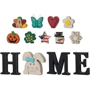 Glitzhome Interchangeable Home Table Signs with 13 Pcs Seasonal Icons, Wooden Interchangeable HOME Sign for Holiday Decor, Home Letter Sign Ornaments Set Interchangeable Holiday Decorative Shelf Sign