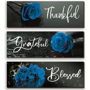 ZHIYAZHE 3 Pcs Blue Wall Decor Blue Bathroom Wall Art with Blue Rose Flower and Thankful Grateful Blessed Quotes Wooden Sign Blue and Black Office Decor for Women Bedroom Kitchen(Blue Rose 12x4 Inch)