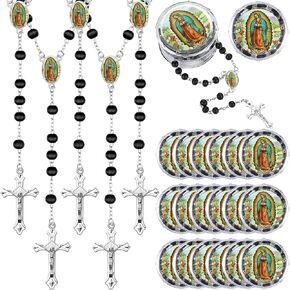 Jadive 100 Pcs Our Lady of Guadalupe Scented Rosary Beads Necklace with Gift Box Wooden Bead Rosary Necklace with Crucifix First Communion Baptism Beaded Necklace Favor