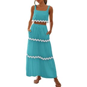 BTFBM Women Summer 2 Piece Beach Vacation Outfits Casual Sleeveless Crop Tops High Waisted Maxi Skirt Sets With Pocket