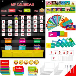 SpriteGru Calendar and Weather Pocket Chart with 148 Cards,(108 Illustrated Activity Cards, 40 Dry Erasable Flash Cards and 3 Hooks 28"x35.5"),Alphabets, Blue