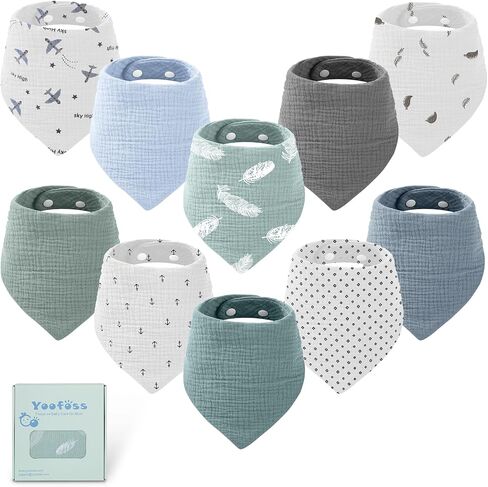 Yoofoss Baby Muslin Bibs 10 Pack Bandana Drool Bibs for Boys Girls Neutral, 100% Cotton Soft Absorbent Baby Bibs for Teething Drooling, Plume in Saudi Arabia