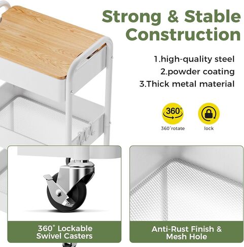 عربة دوارة من 3 طبقات مع سطح طاولة، وعربة أدوات معدنية دوارة، وعربة تنظيم تخزين قوية مع عجلات قفل وخطافات للمكتب والفصول الدراسية والمطبخ والحمام in Kuwait