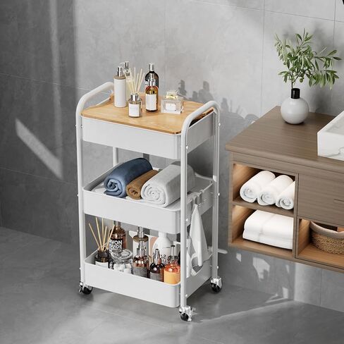 عربة دوارة من 3 طبقات مع سطح طاولة، وعربة أدوات معدنية دوارة، وعربة تنظيم تخزين قوية مع عجلات قفل وخطافات للمكتب والفصول الدراسية والمطبخ والحمام in Kuwait