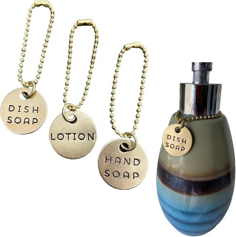 3 Piece Soap Dispenser Labels - Hand, Dish & Lotion Bottle Tag Set - Hand-Stamped Brass or Aluminum - Guest Bathroom & Kitchen Organization - Silver or Gold Color (Gold (Brass)) in Saudi Arabia