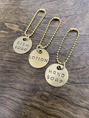 3 Piece Soap Dispenser Labels - Hand, Dish & Lotion Bottle Tag Set - Hand-Stamped Brass or Aluminum - Guest Bathroom & Kitchen Organization - Silver or Gold Color (Gold (Brass)) in Saudi Arabia