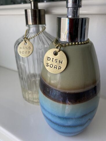 3 Piece Soap Dispenser Labels - Hand, Dish & Lotion Bottle Tag Set - Hand-Stamped Brass or Aluminum - Guest Bathroom & Kitchen Organization - Silver or Gold Color (Gold (Brass)) in Saudi Arabia