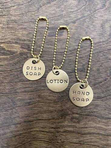 3 Piece Soap Dispenser Labels - Hand, Dish & Lotion Bottle Tag Set - Hand-Stamped Brass or Aluminum - Guest Bathroom & Kitchen Organization - Silver or Gold Color (Gold (Brass)) in Saudi Arabia