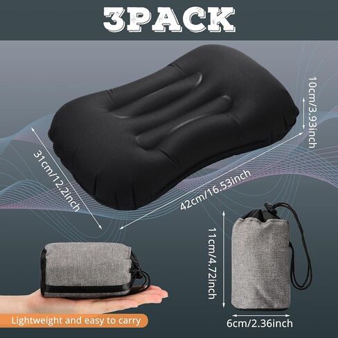 تاتو 3 قطع قابلة للنفخ للتخييم والسفر، وسائد نفخ خفيفة الوزن، وسادة تخييم خفيفة الوزن، وسادة ظهر محمولة للرقبة، دعم قطني، المشي لمسافات طويلة، النوم، التخييم (أزرق داكن) in Kuwait