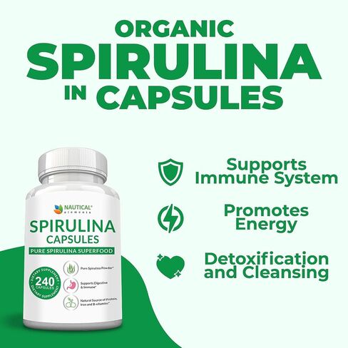 Spirulina Capsules 3000mg - 40 Servings Of Organic Spirulina Capsules - Rich in Protein, Antioxidants & Vitamins - 240 Organic Spirulina Powder Capsules - Supports Immune & Cardiovascular Health in Saudi Arabia