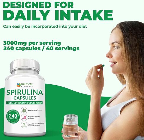 Spirulina Capsules 3000mg - 40 Servings Of Organic Spirulina Capsules - Rich in Protein, Antioxidants & Vitamins - 240 Organic Spirulina Powder Capsules - Supports Immune & Cardiovascular Health in Saudi Arabia