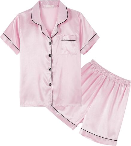 Unisex Kids Boys and Girls Pajama Sets Summer Short Sleeve With Shorts Sleepwear Silky Button Down Loungewear in Kuwait