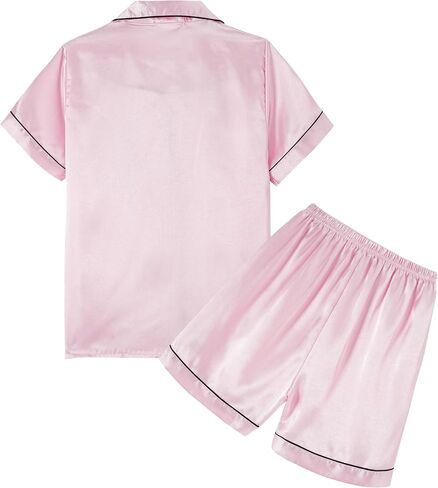 Unisex Kids Boys and Girls Pajama Sets Summer Short Sleeve With Shorts Sleepwear Silky Button Down Loungewear in Kuwait
