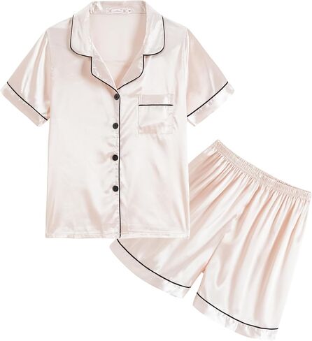 Unisex Kids Boys and Girls Pajama Sets Summer Short Sleeve With Shorts Sleepwear Silky Button Down Loungewear in Kuwait